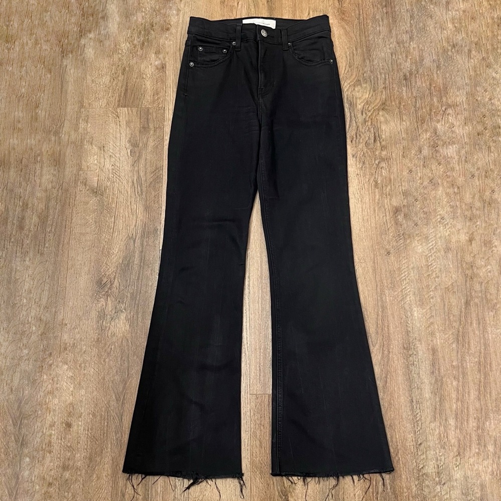 Reformation Flood & Flare High Rise Jeans Black Suez Wash Raw Hem‎ Size 25